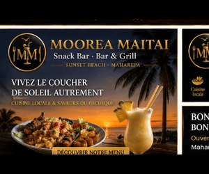 Moorea Maitai Snack Bar — Sunset Beach Maharepa, cuisine locale, tapas, grillades, fruits de mer. 7/7 11h-21h