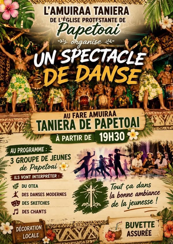 Iaorana to MOOREA đș SPECTACLE DE DANSE đș LâAmuiraa Taniera de lâĂglise Protestante de Papetoai a le plaisir de vous inviter Ă une grande soirĂ©e de spectacle placĂ©e sous le signe de la joie, du...