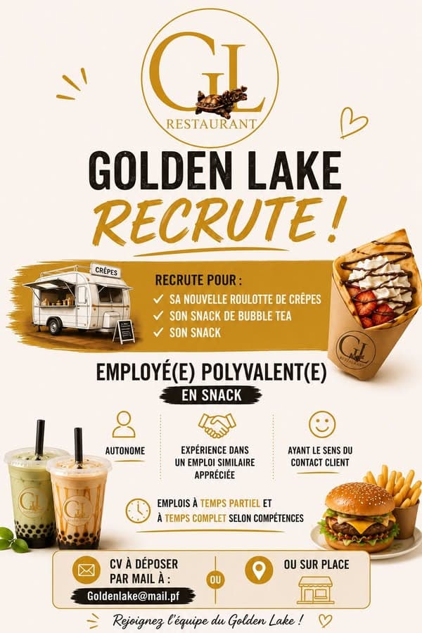 📢 GOLDEN LAKE RECRUTE ! 📢 Dans le cadre du développement de nos activités, nous recherchons des employé(e)s polyvalent(e)s en snack pour rejoindre notre équipe. ✨ Nous recrutons pour : 🥞 Notre...