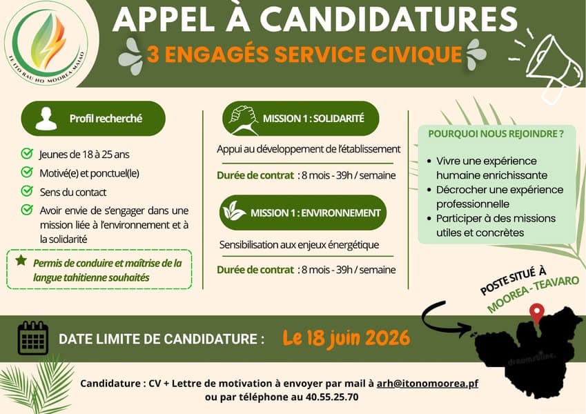 📢 APPEL À CANDIDATURES – SERVICE CIVIQUE 2026 📢 TE ITO RAU NO MOOREA recrute 3 engagés en Service Civique pour participer à des missions liées à la solidarité et à l’environnement. Si tu as entre...
