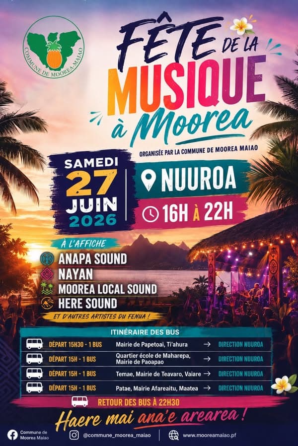 🎶 𝗟𝗮 𝗙𝗲̂𝘁𝗲 𝗱𝗲 𝗹𝗮 𝗠𝘂𝘀𝗶𝗾𝘂𝗲 𝗱𝗲́𝗯𝗮𝗿𝗾𝘂𝗲 𝗮̀ 𝗠𝗼𝗼𝗿𝗲𝗮 ! 𝗛𝗮𝗲𝗿𝗲 𝗺𝗮𝗶 𝗮𝗻𝗮'𝗲 𝗮𝗿𝗲𝗮𝗿𝗲𝗮 ! 🌴✨ 📢 Ia ora na e te nunaa o Moorea-Maiao ! 🌺 C'est officiel ! La Fête de