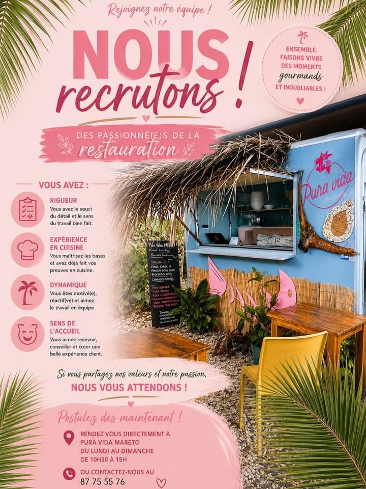 Nous recherchons une personne sérieuse et consciencieuse aimant la cuisine 📞 87 75 55 76 ou directement à @pura_vida_mareto du lundi au dimanche de 10h30 à 15h Votre food truck est situé après le Hil