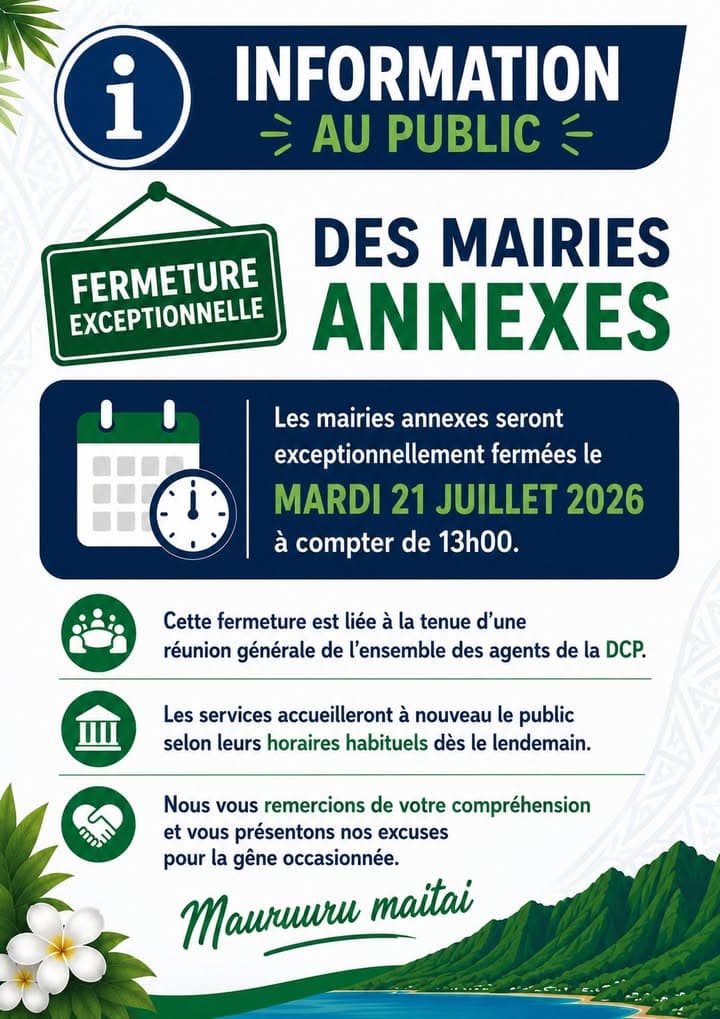 📢 INFORMATION AU PUBLIC – Fermeture exceptionnelle des mairies annexes