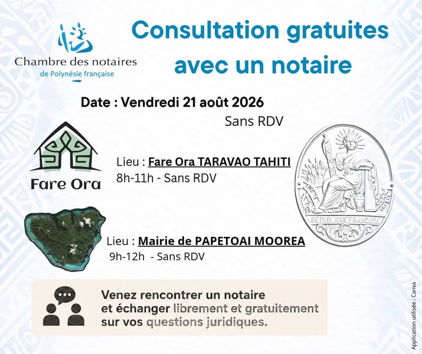 #AccèsauDroit Consultations gratuites avec un #notaire sans RDV 👉Vendredi 21 août 2026 Commune de Moorea-Maiao Mairie…
