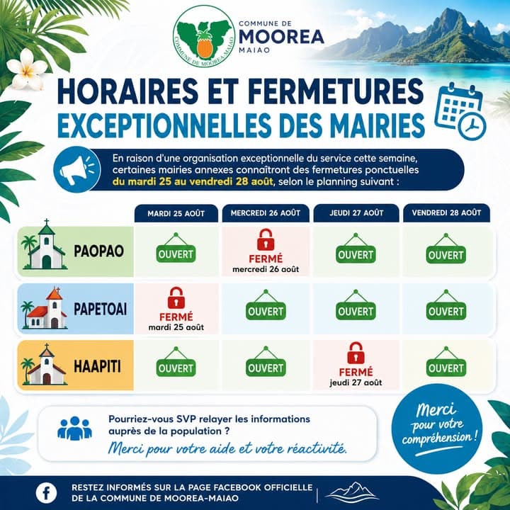 📢 INFORMATION À LA POPULATION | HORAIRES ET FERMETURES EXCEPTIONNELLES DES MAIRIES ANNEXES