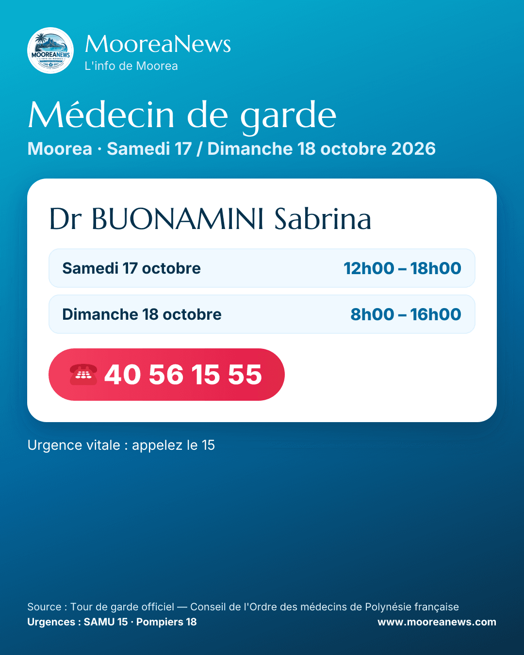 Affiche garde week-end Moorea — Samedi 17 / Dimanche 18 octobre 2026
